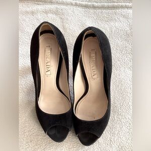 Prada Black Suede Peep-Toe Heels